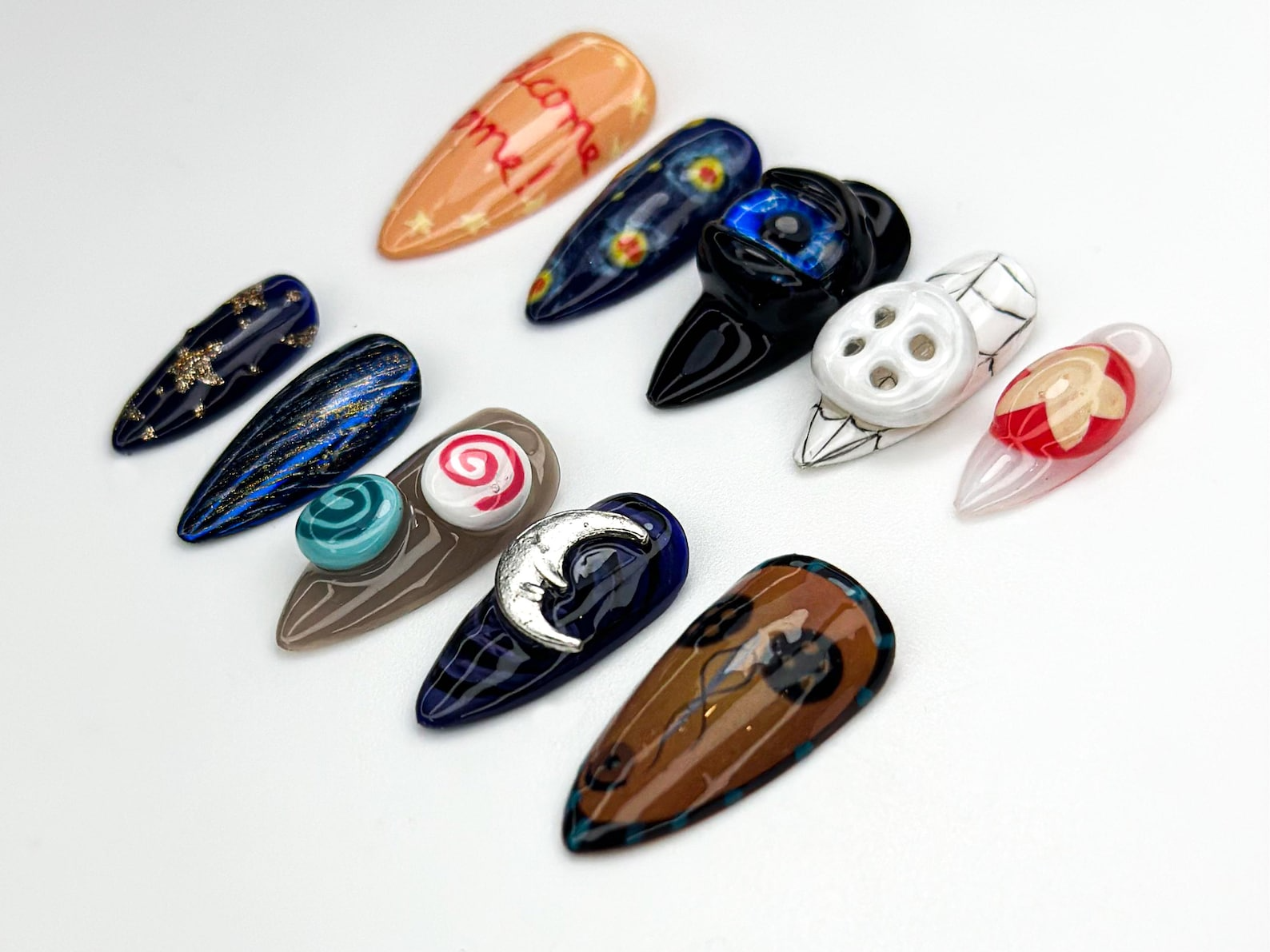 Coraline Other World Press On Nails | Button Eyes Nail Art | Spooky Fantasy Nails | Handmade 3D Nail Set | Halloween Horror Nails | OB868H