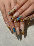 Luxury 3D Jewelry Press On Nails. Gold Filigree and Blue Gemstone False Nails. Royal Core Stiletto Nails for Gala or Wedding | OB1022HC