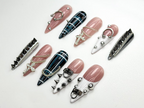 Punk Cross Chain Press On Nails | Gothic Plaid Nail Art | Spiked Pierced Punk Nails | Black White Silver Press Ons | Edgy Nail Set | OC864HK