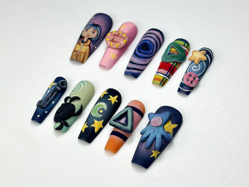 Creepy Cute Cartoon Press On Nails | Handmade 3D Starry Night Nails | Halloween Nail Art | Unique Spooky Nail Set | OA136HC
