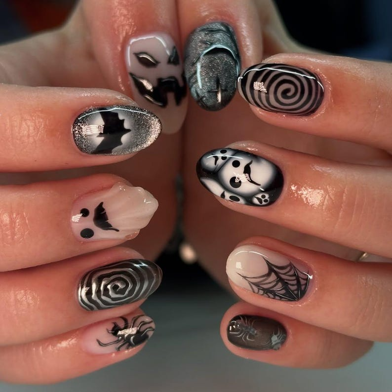 Press on nails for halloween| Black White Gothic Halloween Nails | 3D Ghost & Spider Design | Spooky Night Nail Art | OB197EC