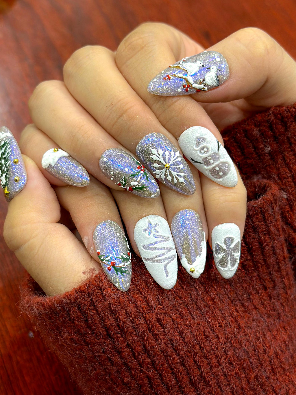 Silver Frost Christmas Press On Nails | 3D Snowman & Christmas Tree Nail Art | Frosted Birds and Winter Scene | OB1209EC