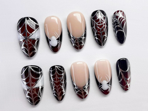 Halloween Spiderman Press On Nails | Acubi-Style Nails | Spider. Spiderweb Nail Set | 3D Silver Gel Nail Art | Almond Nails | OC282A