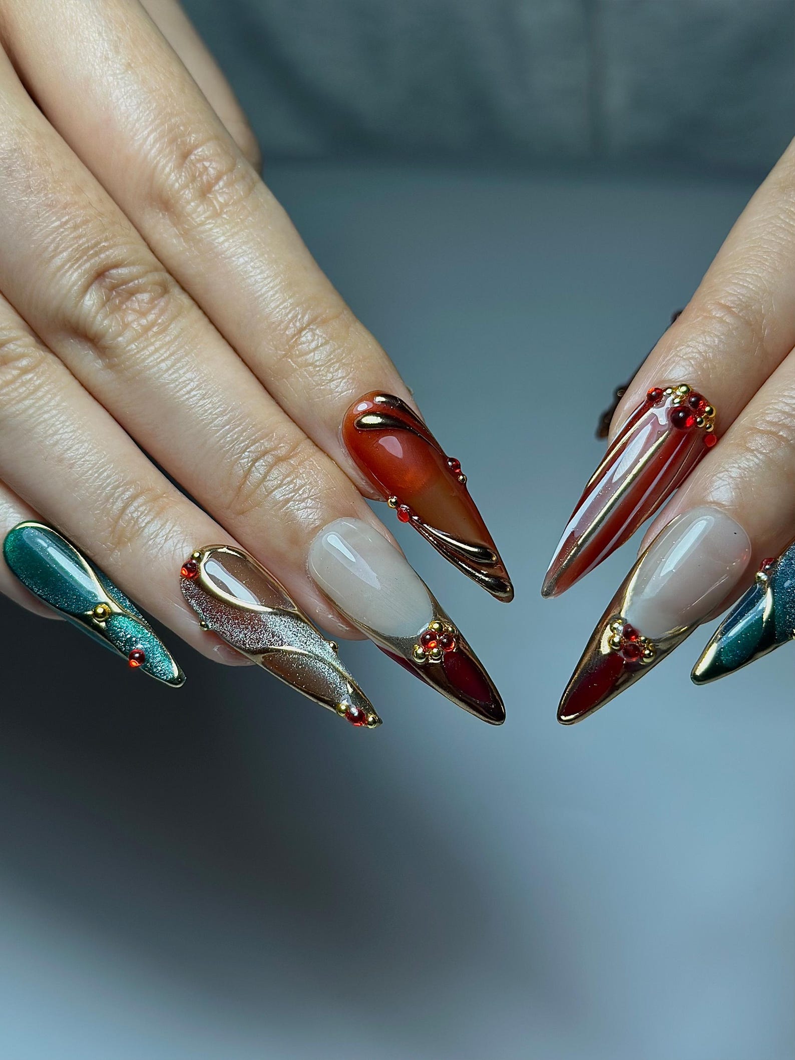Chrome Glam Press On Nails | Red Green Gold Luxury Nails | Festive Glitter Stiletto Nails | Handmade Elegant Press Ons | OC1047HC