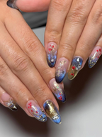 Luxury Navy Gold Press On Nails. Mystic Galaxy Floral Nails. Reusable Stiletto Nail with Gold Filigree and Shimmering Night Sky Art. OB307HC