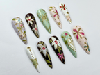 Oriental Floral Press On Nails | Floral Dragonfly Nail Art | Vintage Painted Flower Fake Nails | Inspired by Asian Jewelry | OB739YK