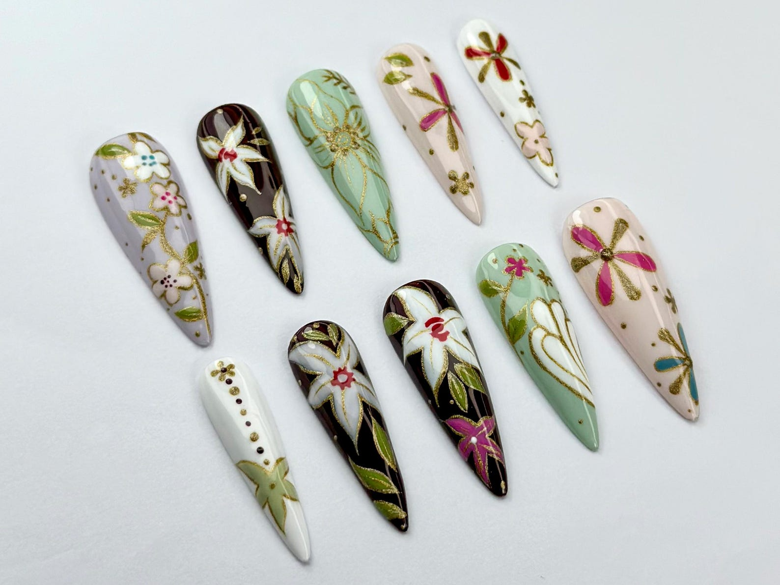 Oriental Floral Press On Nails | Floral Dragonfly Nail Art | Vintage Painted Flower Fake Nails | Inspired by Asian Jewelry | OB739YK