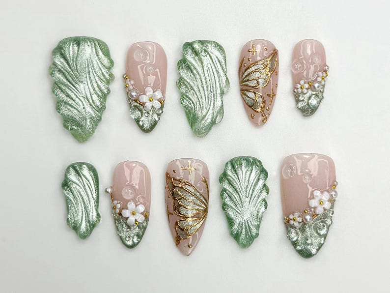 Nature Muse Nail Bundle | 3 Nature-Inspired Press On Nail Sets | Leaf. Butterfly & Floral Art | Reusable Nail Kit|OB103L
