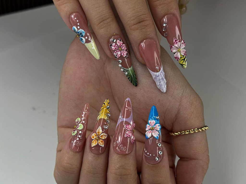 Handmade Tropical Press On Nails | Colorful Summer Press Ons | Floral Nail Tips Handmade| |Vacation Floral Nail Set |Colorful Nails| OC787HK