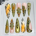 Jungle Safari Glam Press On Nails | Gold 3D Embellished Leopard Fake Nails | Olive & Mustard Animal Print Nail Art | Exotic Nails | OB733YK