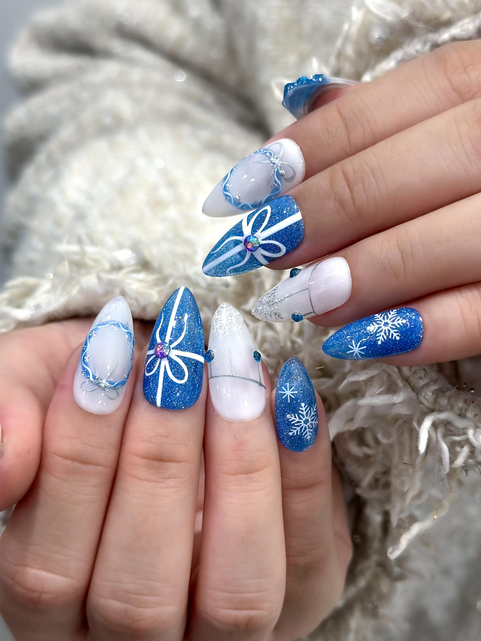 Frosty Blue Winter Gift Press On Nails For Christmas | Snowflake Glitter Christmas Nails | Blue White Holiday Set | 3D Icy Tree Accent | OC930EC