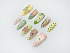 Green Garden Press On Nails | 3D Floral Accents. Ladybug Charms & Whimsical Pastel Nail Art | Handmade Nature-Inspired Nail Set | OB123EC