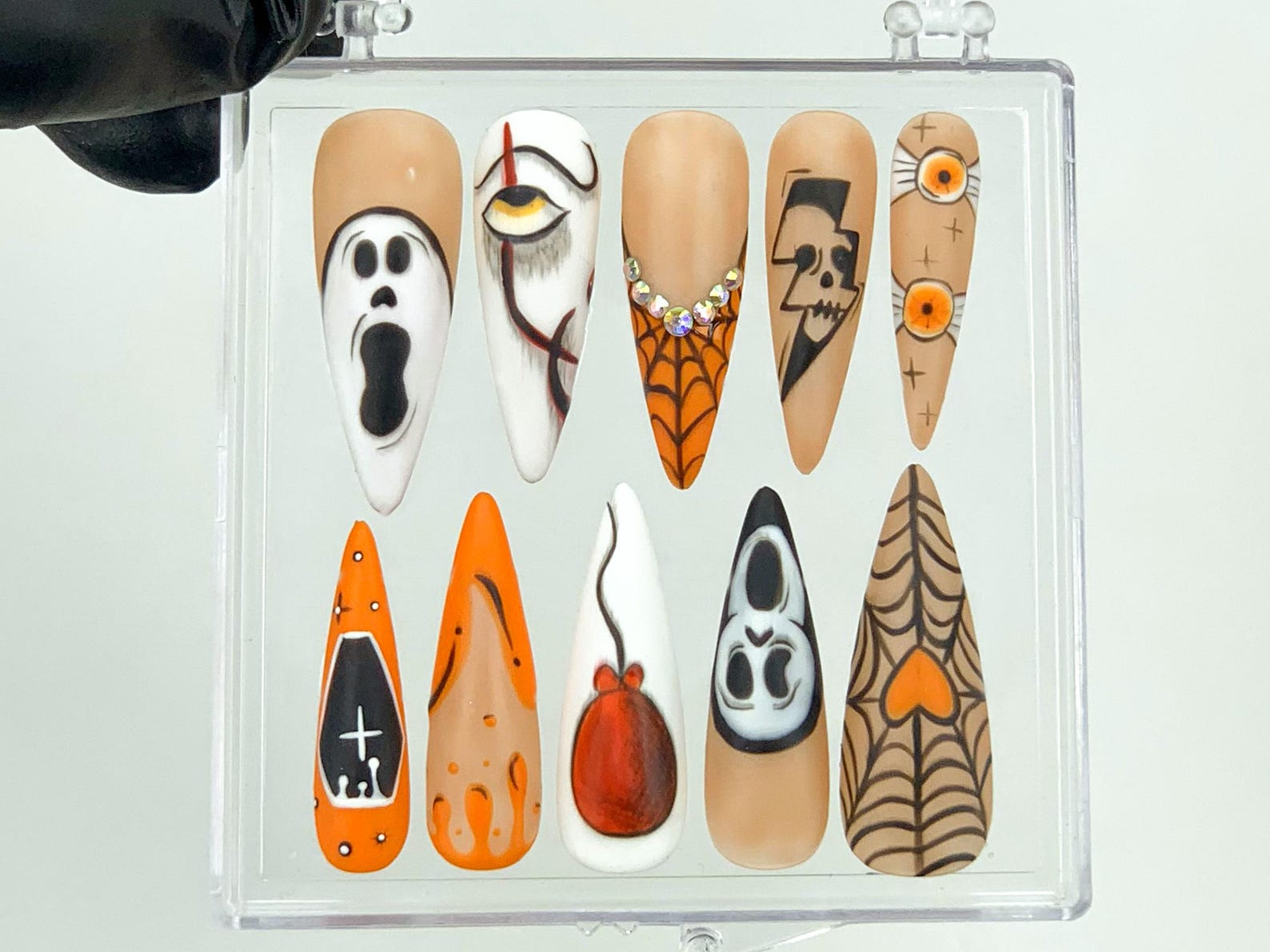 Gothic Halloween Press On Nails | Creepy Orange and Black Fake Nails | Unique Halloween Acrylic Nails | Ghost and Skull Nail Art | OB564YK