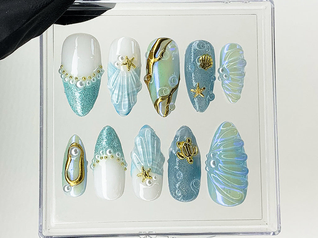 Mermaid Ocean Press On Nails | Blue Ocean-Inspired Designs with Glittery Oceanic. 3D Starfish | Custom Handmade Press On Nails | OC503AL