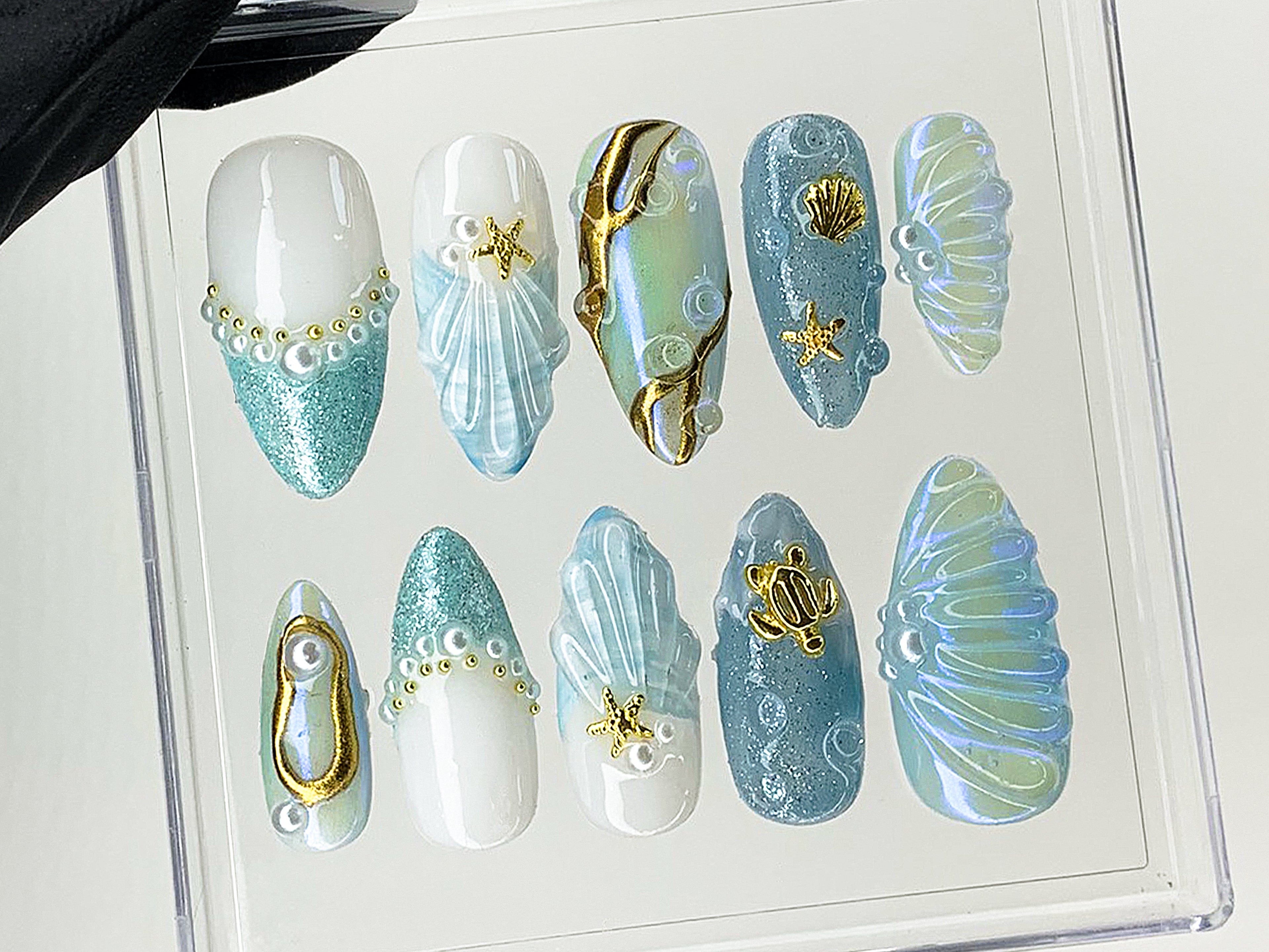 Mermaid Ocean Press On Nails | Blue Ocean-Inspired Designs with Glittery Oceanic. 3D Starfish | Custom Handmade Press On Nails | OC503AL