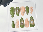 Elegant Green and Gold Press On Nails | Gold Sunburst and Pearl Accented Fake Nails | Custom Green Pearl Nail Art | Luxury Nails | OC740YC