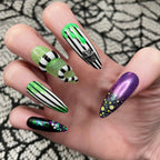 Handmade 3D Beetlejuice Halloween Press on Nails - Glitter Fingernails V89