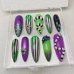 Handmade 3D Beetlejuice Halloween Press on Nails - Glitter Fingernails V89