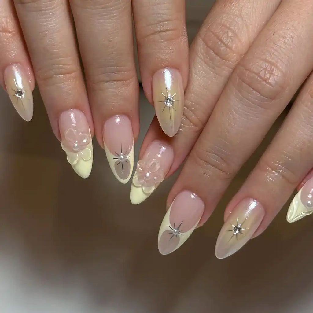 3D Florals Pearls Light Yellow French Tips Press on Nails D28
