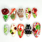 3D Cat Clover Nail Set - Red Green Checkered Press-Ons