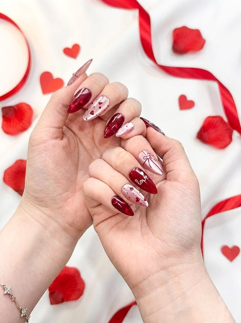 Valentine's Day Heart Press On Nails | Red & Pink Romantic Nail Set | Handmade Gift for Girlfriend | Elegant Stiletto Fake Nails | HC999GC