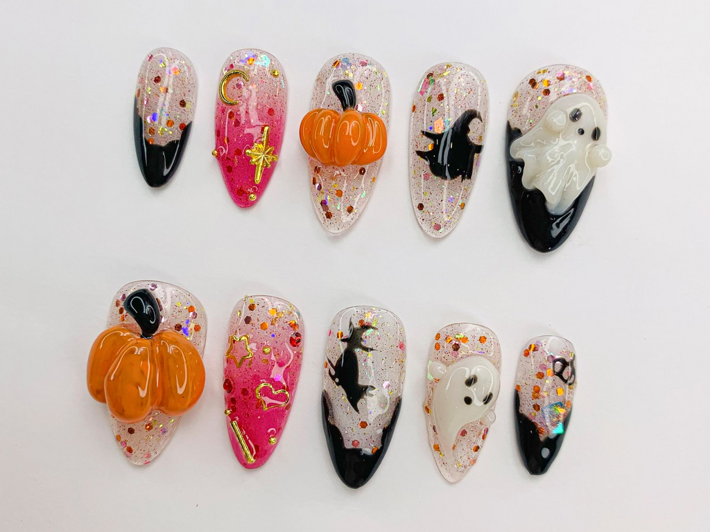 Spooky Halloween Ghost - Pumpkin Press-On Nails | 3D Nail Art for Halloween Party | Glitter Press-On Nails with Witch - Star Accents|OB486SC