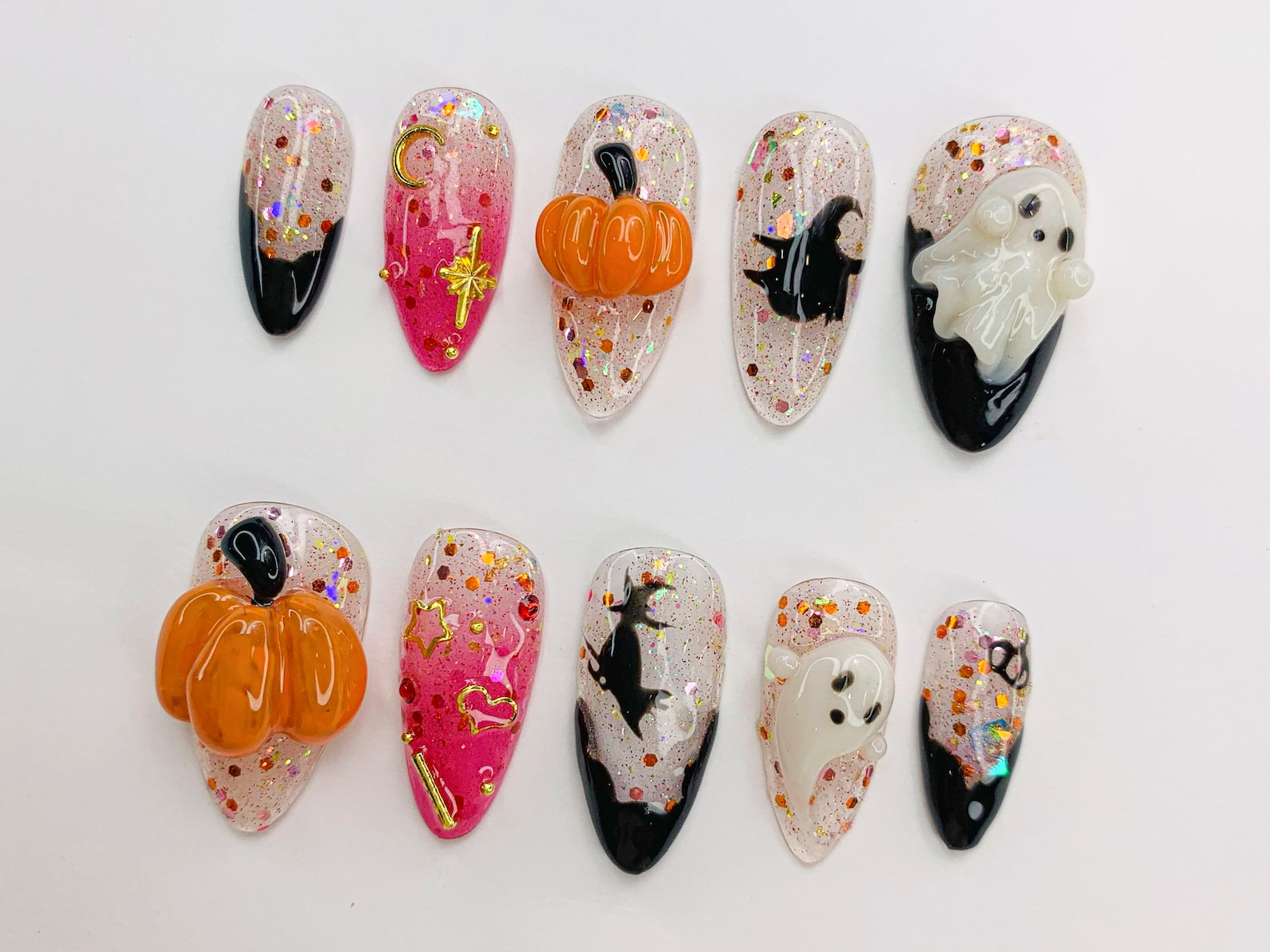 Spooky Halloween Ghost - Pumpkin Press-On Nails | 3D Nail Art for Halloween Party | Glitter Press-On Nails with Witch - Star Accents|OB486SC