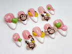Cute Monkey Pink Cute Press On Nails | Cute 3D Banana Monkey Nails | Pink & Green Heart Nails | Kawaii Jungle Vibe | Cartoon Nails | OB811HC