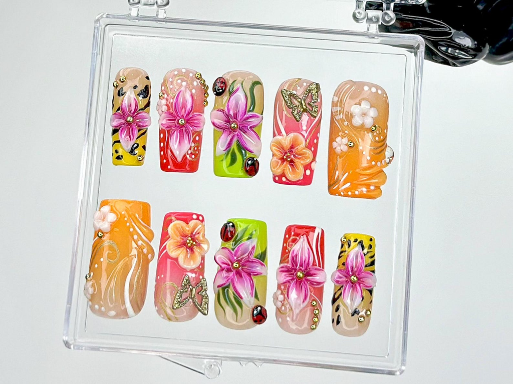 Tropical Bloom Press On Nails | Bright Summer Nail Art | Tropical Vibes Press Ons | Handmade Summer Fake nails | Luxury Nails | OB960YC