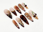 Brown Tortoise Shell Press-On Nails | Handmade Gold Floral Accent Nails | Tortoise Shell and Cherry Design | Brown Ombre Accents | OB652H