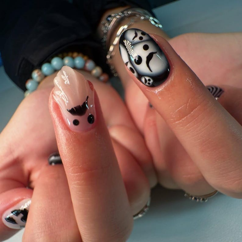 Press on nails for halloween| Black White Gothic Halloween Nails | 3D Ghost & Spider Design | Spooky Night Nail Art | OB197EC