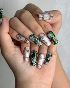 Holiday Sparkle Green Press On Nails For Christmas | Red Green Christmas Nails | Snowflake Glitter Nail Art | Festive Press Ons | Winter Nails | OC227HC