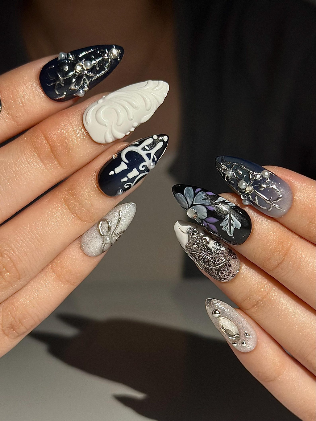 Gothic Violet Chrome Press On Nails | Black Silver Luxury Nails | 3D Baroque Floral Nails | Dark Elegant Nails | OC310HC