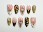 Luxury Nude Gold Almond Nails | Nude & Gold Celestial Nail Set | Handmade Chrome Swirl Nails | Elegant Cosmic Nails | OC792H