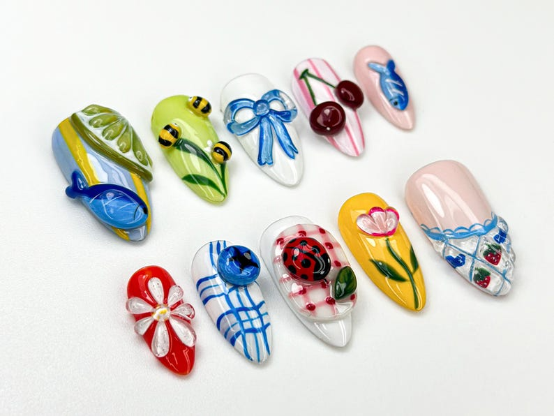 Garden Picnic Summer Press On Nails | 3D Cherry. Bee & Flower Nail Art | Summer Cottagecore Nails | Cute Colorful Press Ons | OB896HC