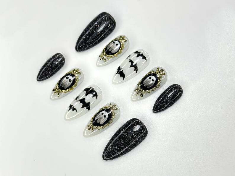 Haunted Mirror Ghost Nails | Gothic Halloween Press Ons | Black Glitter & Bat Nail Art | Handmade Spooky Black Set | OC1143BK