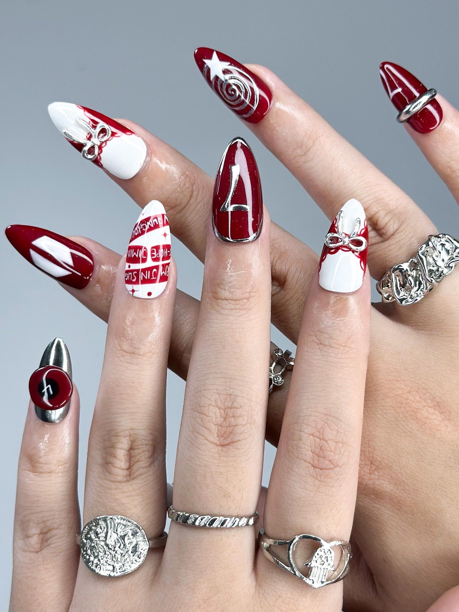 Kpop Inspired Cupid Voyage Nails | 7 Spirit Arirang Love Muse Press Ons | Red White Silver Retro Pop Nails | Coquette Fandom Nails| OC358IK