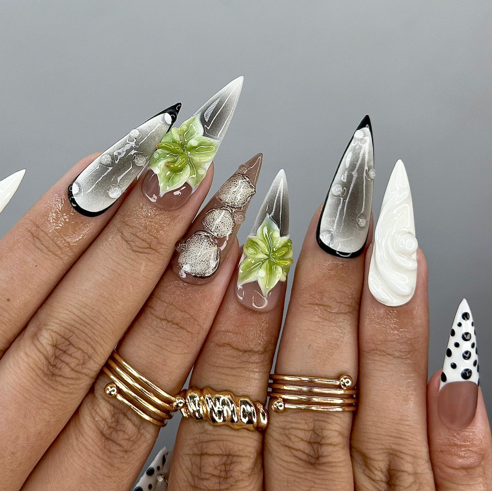 Modern Botanical Press On Nails |3D Green Flower and Gold Leaf Accents | Black & White Polka Dot Nails | OB1000EK