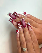 Handmade 3D Red White Floral Unique Elegant Artistic Press on Nails D89