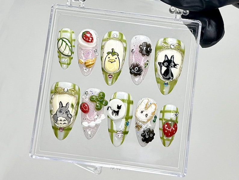 My Neighbor Totoro Press On Nails | Kawaii Ghibli Fake Nails | Totoro. Jiji. Soot Sprites Nail Art | Trendy Cartoon Kawaii Nails | OB909YC