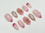 Blush Bloom Elegance Press On Nails | 3D Floral Accents & Gold Details & Pink Ombre Press Ons | Wedding Nails | OC962H