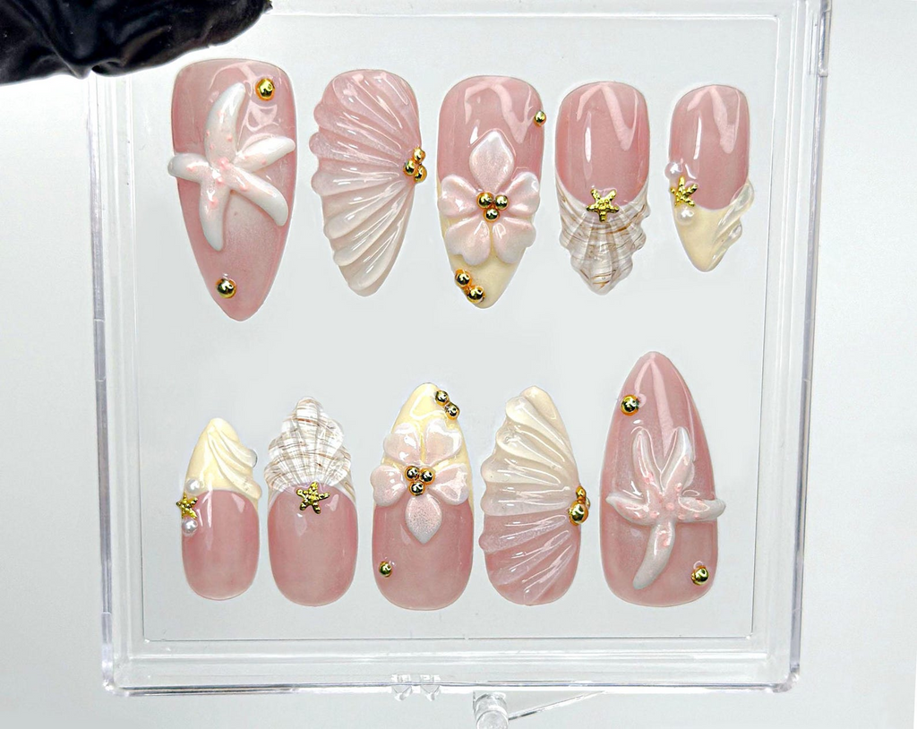 Soft Nude Seashell 3D Press On Nails | Starfish. Shell & Floral Nail Art | Handmade Pastel Nude Beach Nails | OC987EK
