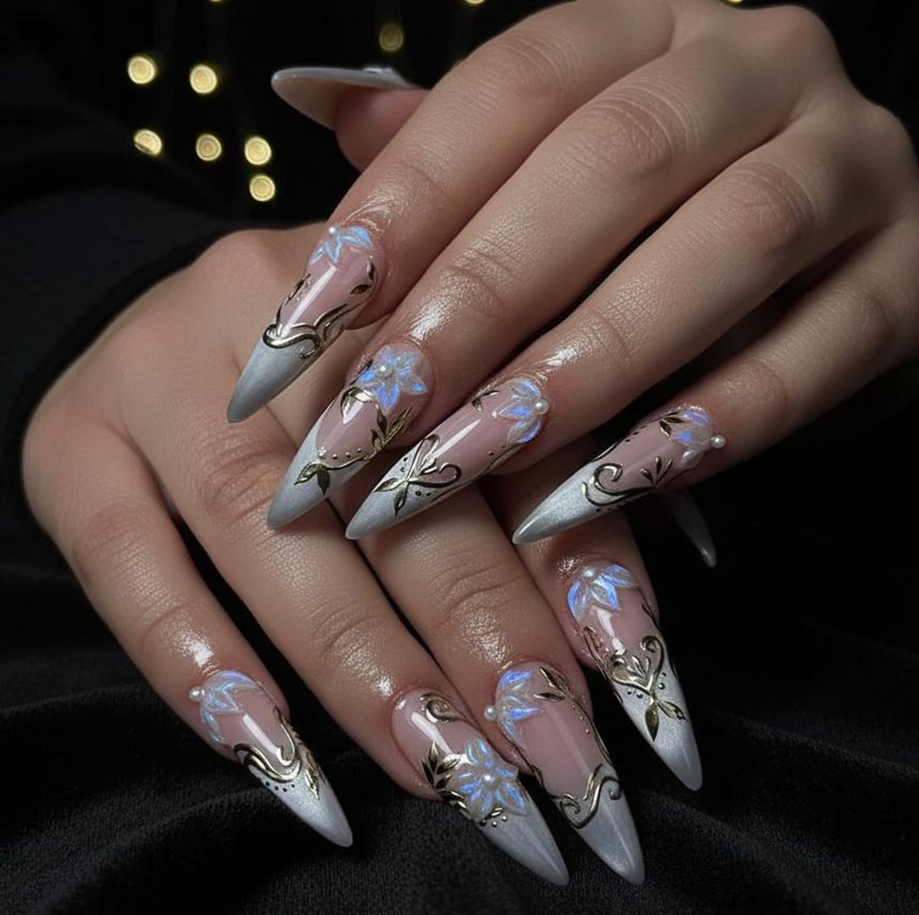 Spring Gothic Blossom Pressons Nails | Dusty Mauve Floral Nails | Iridescent 3D Flower Nail Art | Gold Vine Luxury Nail Set | OB267EC