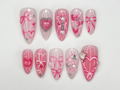 Press On Nails with Pink Ribbon & Heart Charm Design. Handmade Long Glossy Fake Nails for Romantic Coquette Look or Aesthetic Statement Nails | OB279