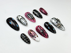 Y2K Black Pink Press On Nails | Silver Star Chrome Nails | Alt Fire Flame Design | Cyber Gothic Press Ons | Gothic Glam Nail Set | OC888H