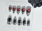 Gothic Vampire Jewel Press On Nails | Red Black Gem Nails with Metal Frame Fake Nails | Black Bloodstone Nail Art | Silver Metal | OB895YC
