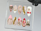 Romantic Cherry Press On Nails | Handmade Cherry. Gold Bead Press Ons | Pink & Gold Bow Fake Nails | French Tip Nail Art | OC782YK
