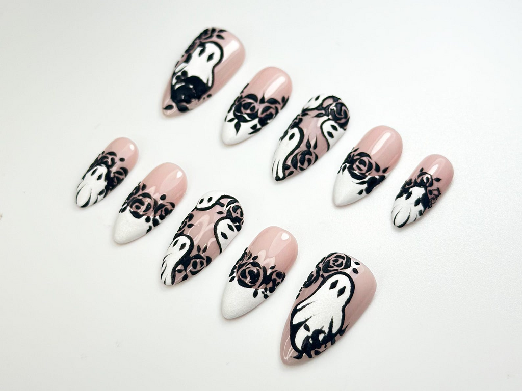 Ghost & Roses Halloween Press On Nails | Black Lace Rose Nail Art | White Halloween Nails | Handmade Spooky Glam Press Ons | OC129HC