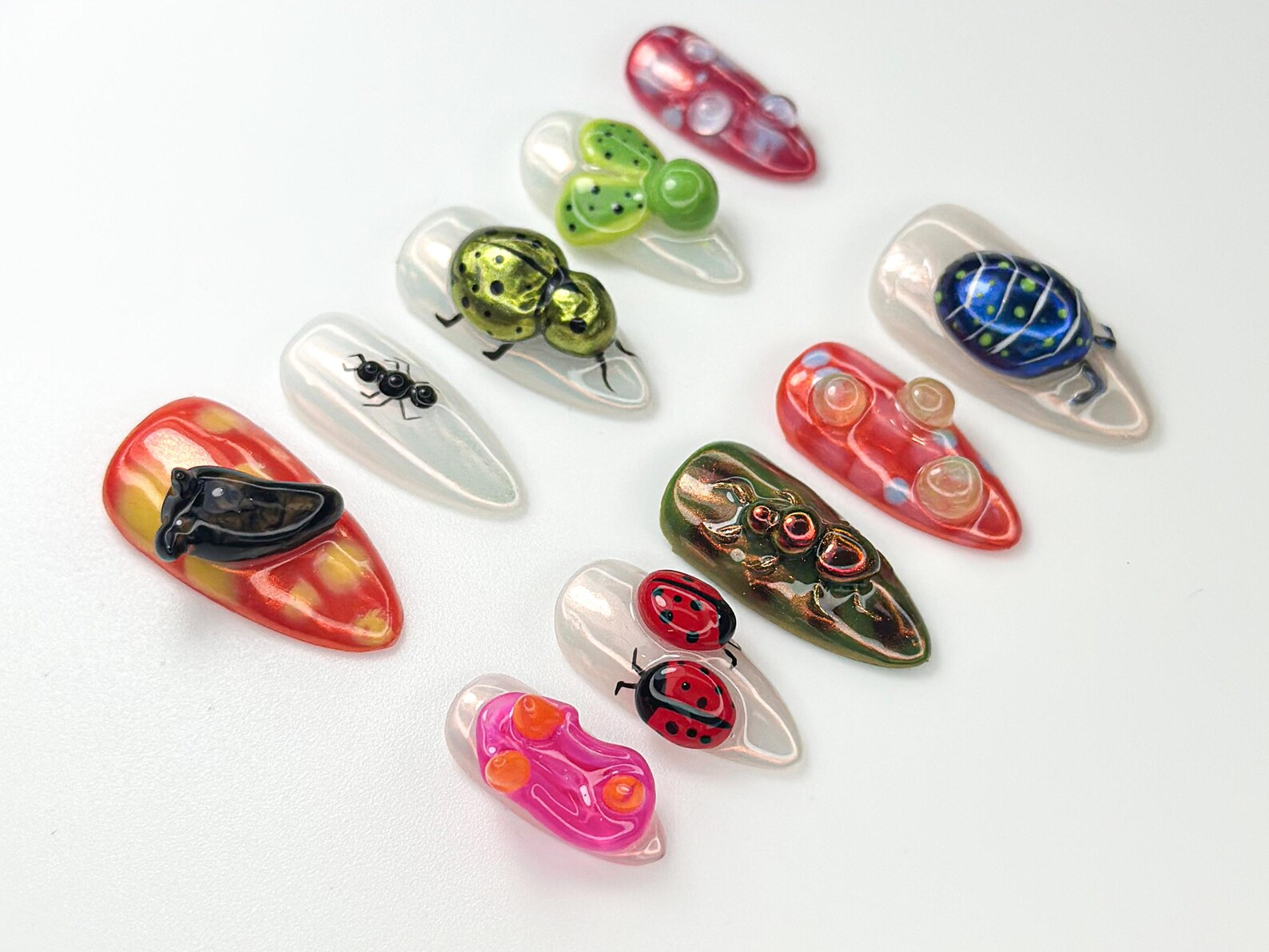 Creepy Cute Insect Press On Nails | 3D Bug Nail Art | Halloween Spider Ladybug Beetle Nails | Funky Mixed Bug Design| Bold Nail Set |OB970HK