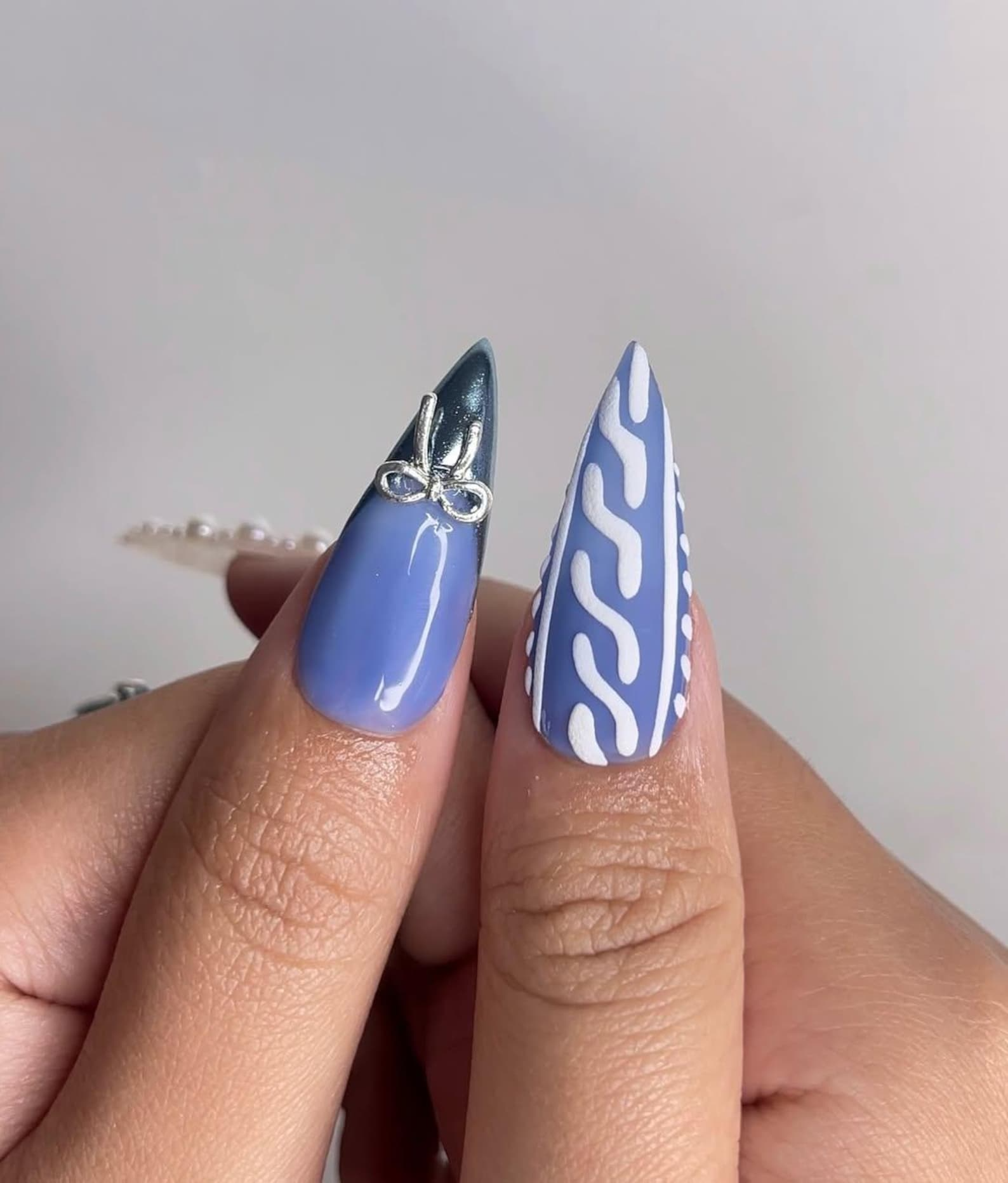 Frosted Winter Elegance Christmas Nails | Icy Blue Chrome Nail Art | Pearl Snowflake Design | Winter Wonderland Nails | Luxury Nail|OB1199HK
